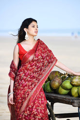 'Gulnaar' Garnet Red Pure Resham Cotton Alfi Jaal Tilfi Border Banarasi Handloom Saree